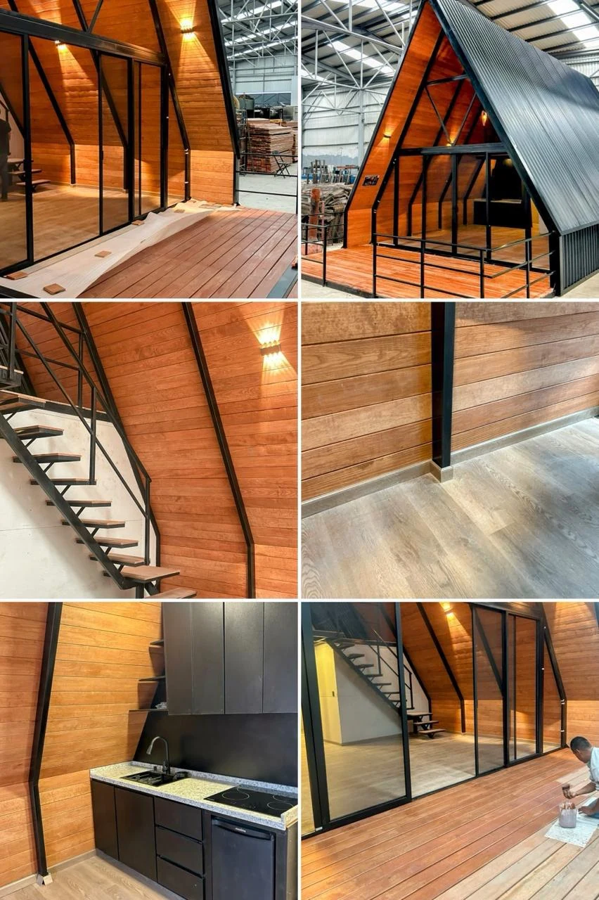 Collage de acabados interiores y exteriores de cabaña Vikampa