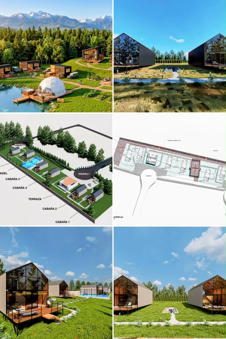 Collage de desarrollo glamping, planos y cabañas modulares