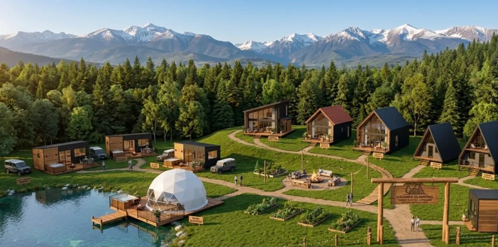 Desarrollo glamping con cabañas, domo y áreas verdes